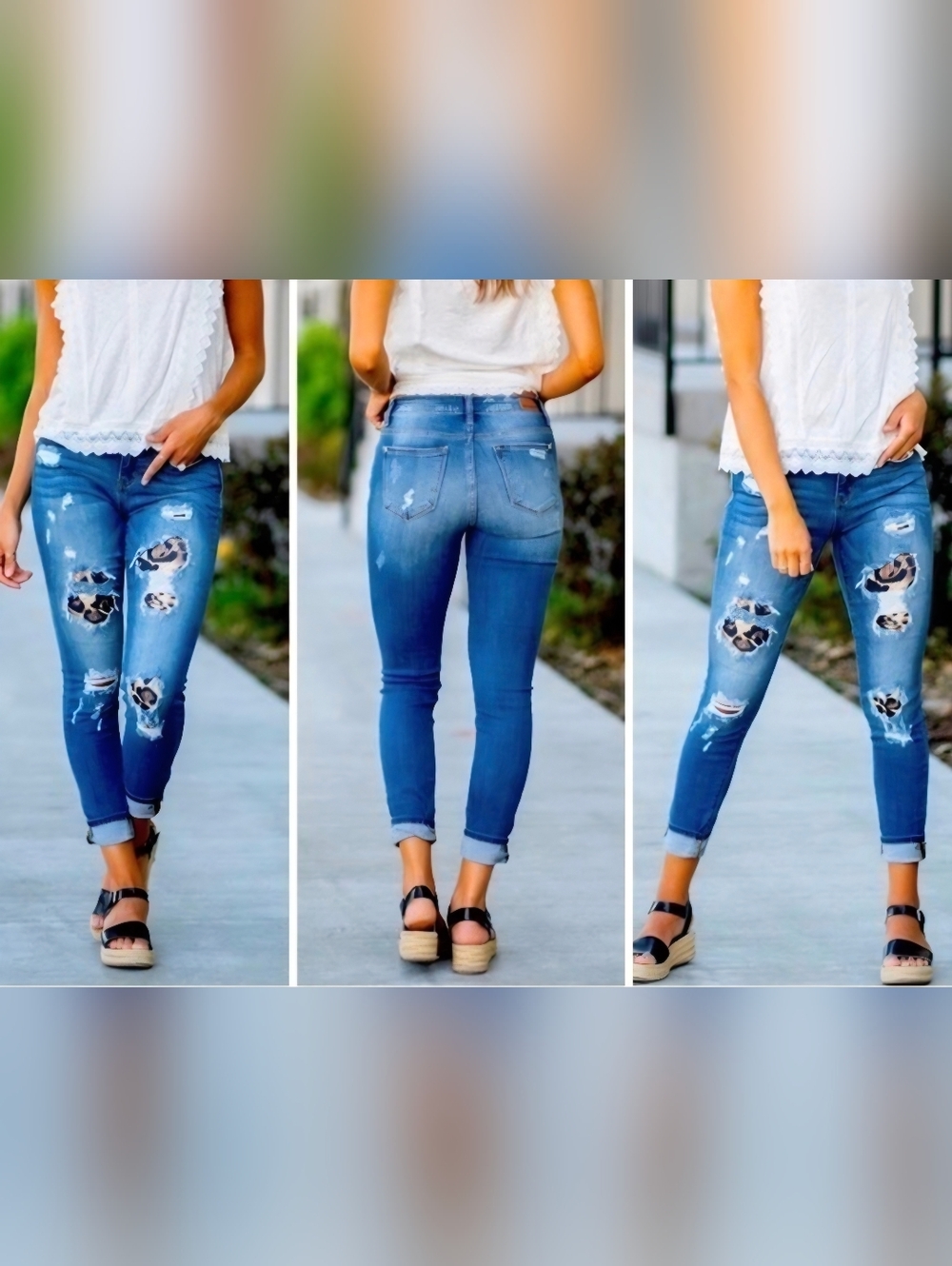 Judy Blue Frayed Distressed PeekABoo Leopard Print Patch Skinny Jeans 2x